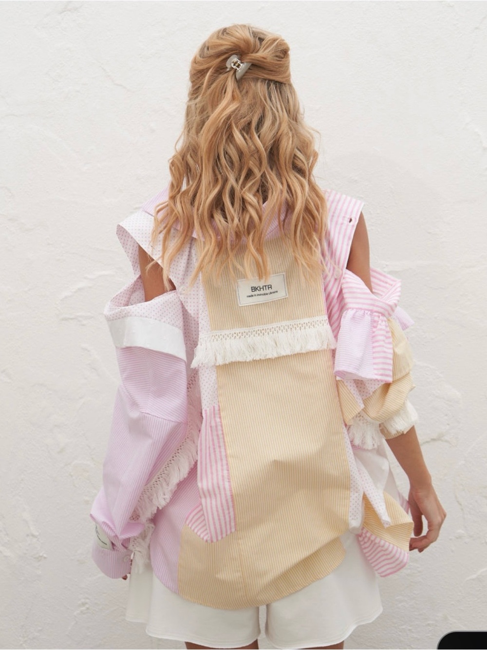 Designer Patchwork Shirt Pink Yellow Ruffle Fringe Detail